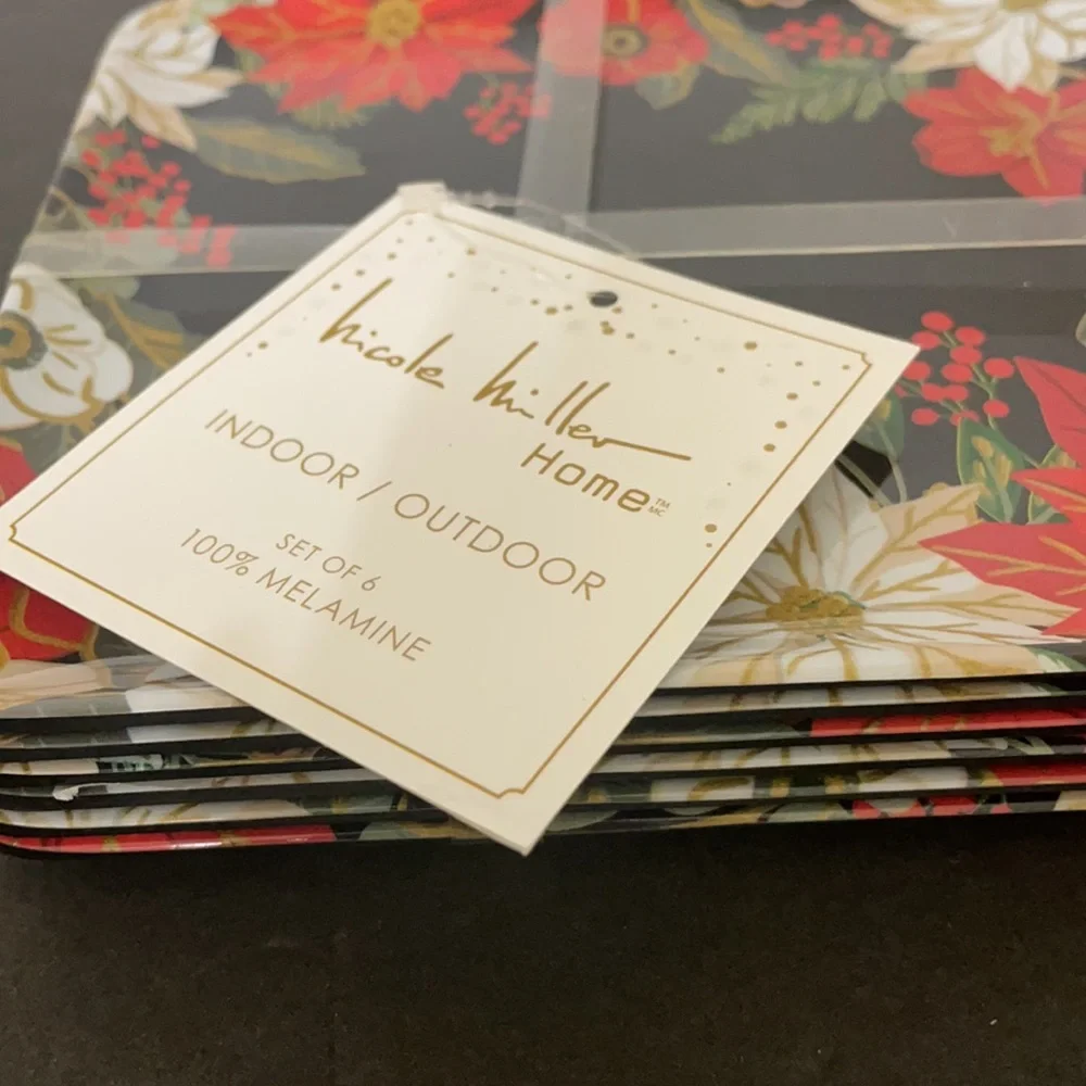 CHRISTMAS New NICOLE MILLER Black Red Floral Holiday Trays Set of 6